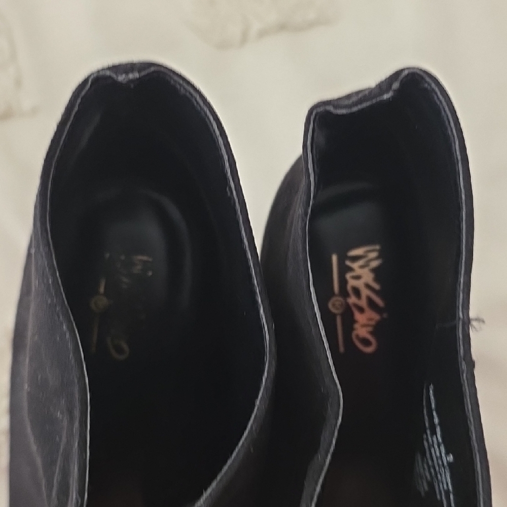 Mossimo Supply Co. Black Suede Peep-Toe Ankle Boots with Gold Trim - Picture 4 of 14